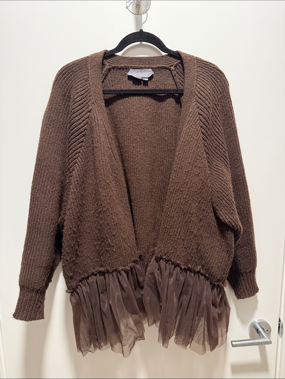 Anthropologie Chocolate Brown Open-Front Knit Cardigan with Tulle Hem